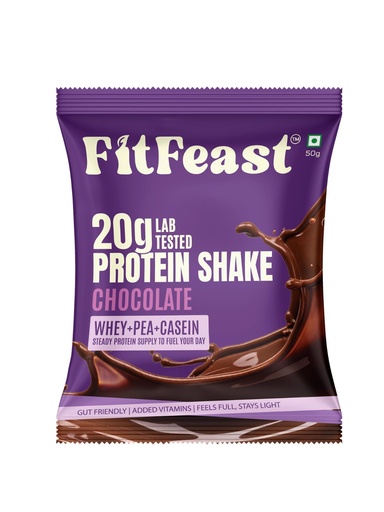 [BRSRACANO4PW23Q6] FitFeast Protein Shake Sachet - Chocolate, Pack of 7 | 20g Triple Blend Protein Per Serve| 45:35:20 Whey, Pea & Casein Blend Protein Powder| No Maltodextrin | 0 Added Sugar | As Seen on Shark Tank