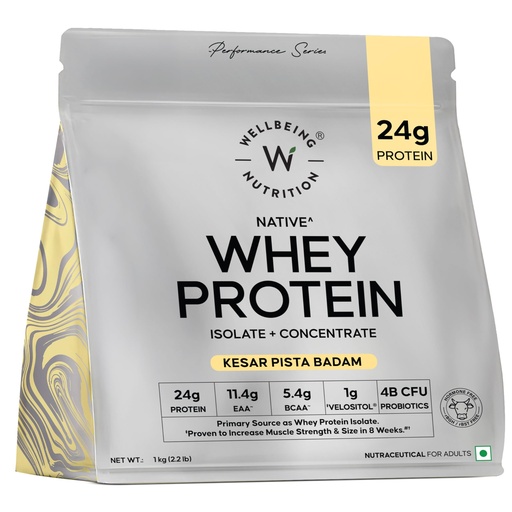 [BRSRYYYEO4IAEYLZ] Wellbeing Nutrition Clean Whey Protein Isolate & Concentrate 1Kg Kesar Pista Badam| 24g Protein, Clinically Proven Velositol 2x Muscle Protein Synthesis, 4B CFU Probiotics & Digestive Enzymes, Easy to Digest
