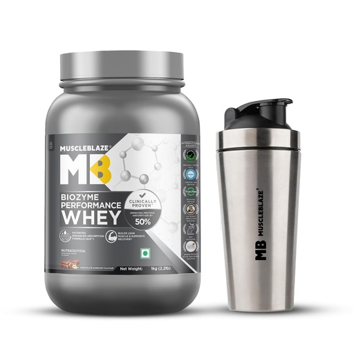 [BRSRGFAHAR5RAETX] MuscleBlaze Biozyme Performance Whey Protein Powder, 1kg + Shaker