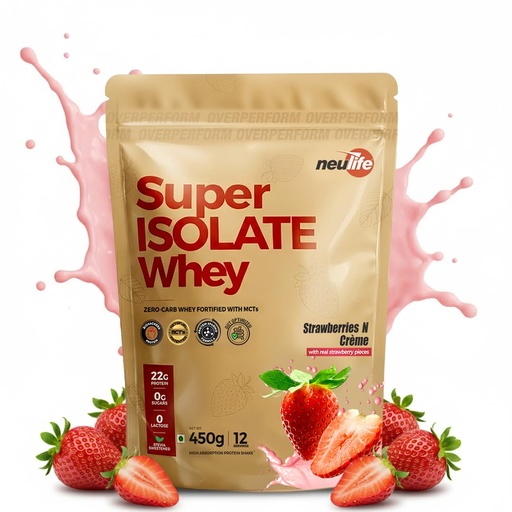 [BRSROCDRCQCAO3TA] Neulife Super Isolate Whey Protein 450 g | Max Absorption Protein Shake with Patented Ketofuel MCTs | Strawberries & Crème with Real Fruit