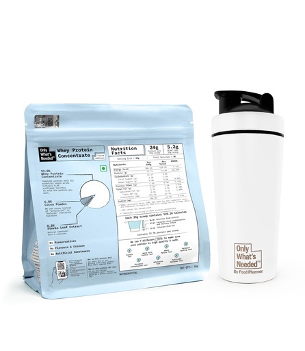 [BRSRGCALCQBQY333] ONLY WHAT'S NEEDED By Food Pharmer - Cocoa Edition | Whey Protein Concentrate 1kg | 24g per scoop + Metal Shaker 750ml | Stainless Steel | BPA-Free Cap