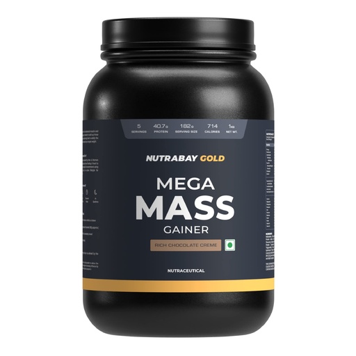 [BRSRMYYTOJ7BOHI7] Nutrabay Gold Mega Mass Gainer Powder - 1kg, Rich Chocolate Creme | 100% Veg | 40.7g Protein, 122g Carbs, 714 Calories | Muscle Building & Weight Gainer Supplement for Men & Women