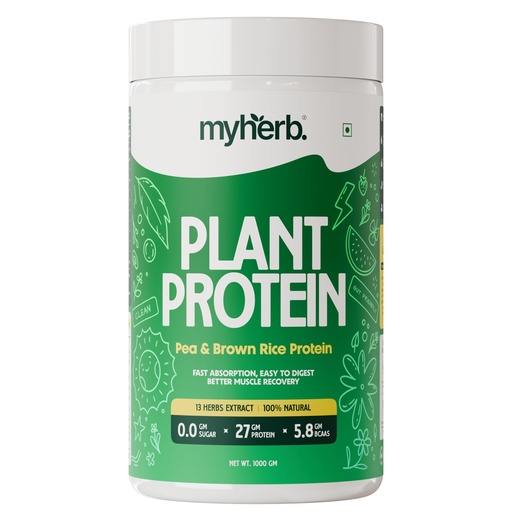 [BRSRAFL4DEJRAFI4] MYHERB Plant Protein Powder | Pea And Brown Rice Protein Powder | Vegan High Protein Powder | 27 gm Protien,21 Vital,6 gm BCCAs |Sugar Free|For Men,Women Kashmiri Strawberry Flavour - 1Kg