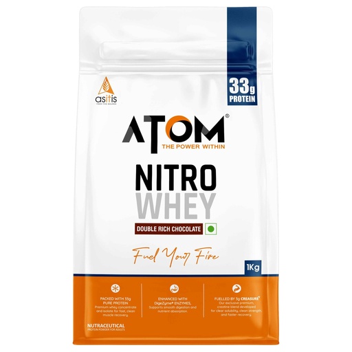 [BRSRA233AEMRUHTF] AS-IT-IS ATOM Nitro Whey with Creasure I 33g Protein, 3g Creasure, 7.4g BCAA I1 Kg, Double Rich Chocolate
