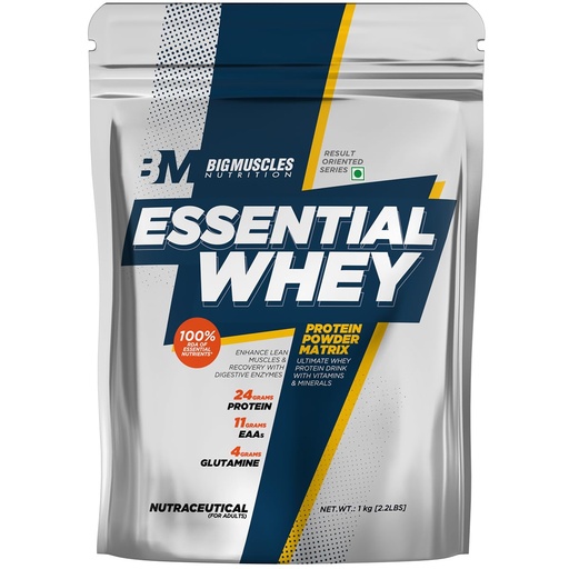 [BRSRMY32OECWODL2] Bigmuscles Nutrition Essential Whey Protein 1Kg [Strawberry Milkshake]|24G Protein Per Serving|Strength,Faster Recovery & Muscle Building,1 Count,24 Grams