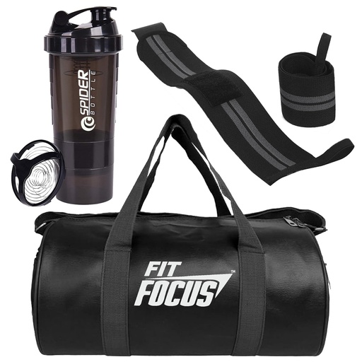 [BRSRAC3YOYBA2DIV] (Pack of 3) Bag Combo for Gym Shaker Bottle with Gym Bag and Wrist Band|| Shaker Bottle 500 ml ||Gym Duffel Bag for Fitness | Shoulder Gym Bags|| Wrist Support Gym Men and Women