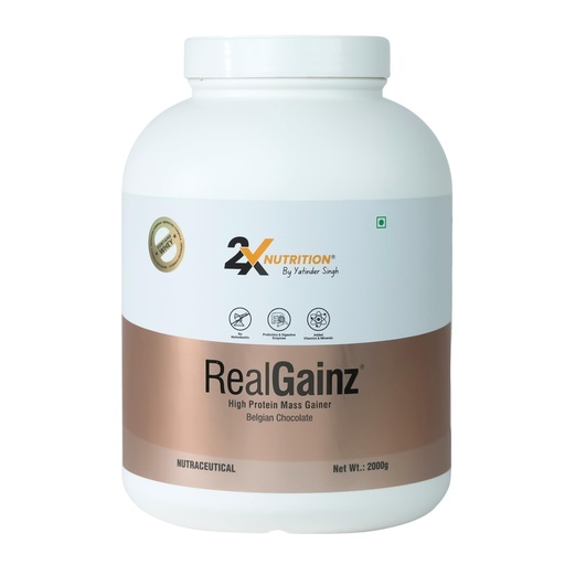 [BRSRAFA5BADWKD3X] REALGAINZ by 2X Nutrition | High-protein mass gainer | 78g Carbs per serving | High protein (26g) Natural weight gain | Build lean muscle mass | contains digestive enzymes (2Kg, Belgian Chocolate)