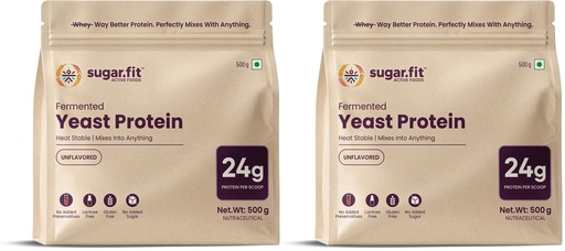 [BRSRGBANCQBR4H34] Sugar.fit | Active Foods Fermented Yeast Protein Powder, Unflavored, 24g Protein per Scoop, Heat Stable, Gluten Free, Lactose Free, No Added Sugar, Vegan, 500g (Pack of 2)