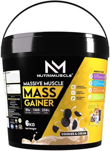 [BRSRABQZDIPWG2Y6] Nutrimuscle Massive Muscle Mass Gainer – 6 Kg | Cookies & Cream Flavour | High Protein Gainer with Creatine, Complex Carbohydrates & Protein Blend for Muscle, Mass & Strength Gain | For Men & Women