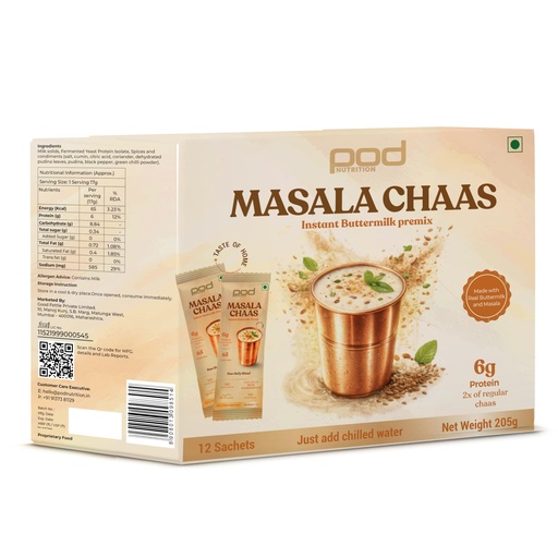 [BRSRGCAOBYNAM3TB] High Protein Masala Chaas | Instant Buttermilk Powder Premix | 6g Protein, 0g Sugar, Probiotics for Gut Health | Real Spices, No Preservatives | 12 Travel-Friendly Sachets