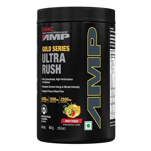 [BRSRMAAQA5YBOHTO] GNC AMP Gold Series Ultra Rush Pre-Workout | 450 gm | 30 Servings | Maximum Energy & Stamina | Deep Mental Focus | Powerful Muscle Pump | 4.5g Beta-Alanine | 1.5g L-Citrulline | 2.5g L-Arginine | Fruit Punch