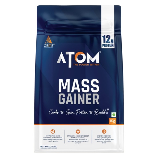 [BRSRMAIHOQORO237] Asitis Nutrition ATOM Mass Gainer 1 Kg, 19 servings | 5:1 Carb-Protein Ratio | Powered with BCAA, L-Glutamine, Tribulus, Ashwagandha | Mango fusion, Powder