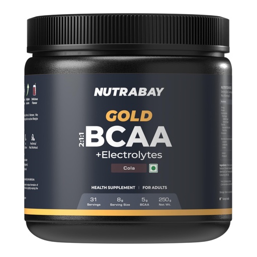 [BRSROZ32CFYRA3TU] Nutrabay Gold BCAA 2:1:1 with Electrolytes 5000 mg Vegan BCAAs per Serving – Pre/Post Workout Energy Drink for Muscle Build Up & Faster Recovery - Tested for Purity - No Banned Substances – 250g, Cola
