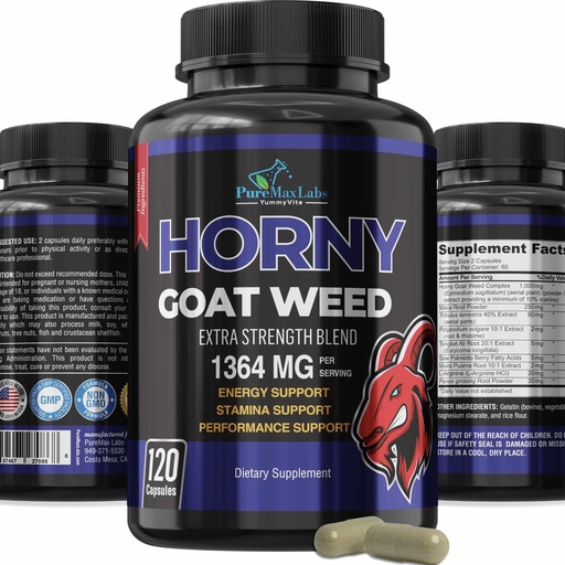 [BRSW2CY3CAOQ2CTP] YUMMYVITE Horny Goat Weed Extra Strength -120 Capsules w. Maca, L-Arginine, Ginseng - Boost Desire, Performance, Stamina, Energy, Non-GMO Formula, 120 Capsules