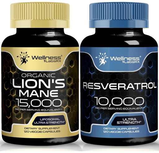 [BRSRAAYFAANQMETH] WELLNESS LABSRX Resveratrol Capsules 10000 - Lions Mane Supplement Capsules | Bundle