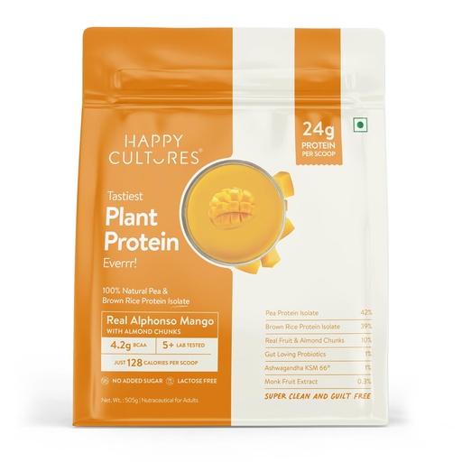 [BRSREYY5CB4B6CTZ] Happy Cultures 24g Tastiest Plant Protein| Real Alphonso Mango, Almond Chunks & Ashwagandha (KSM 66) |Pea & Brown Rice Protein Isolate| No Added Sugar| Vegan| 20 Complete Amino Acids | Monk Fruit Extract| Women & Men| No Bloating, Easy to Digest| Dairy Free with Probiotics - 505g