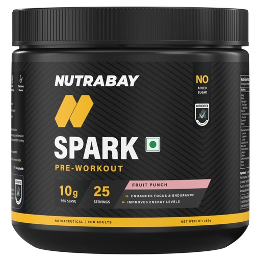 [BRSWYFQZOEMGAD3A] Nutrabay Gold Spark Pre Workout Supplement Powder 300mg Caffeine, 1000mg L-Arginine, 3000mg Beta Alanine, 2500mg Citrulline Malate per Serving – Muscle Pump & Performance – 250g, Fruit Punch