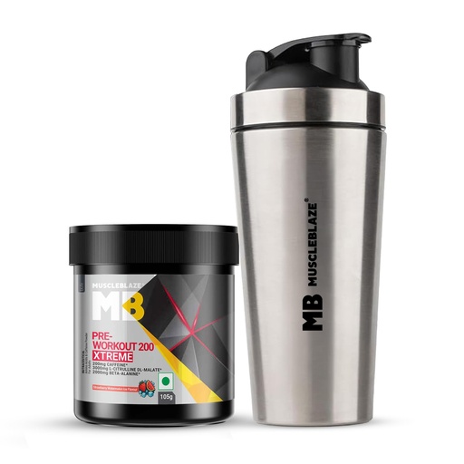 [BRSRYGD7OYIRA3TL] MuscleBlaze Pre Workout 200 Xtreme, Strawberry Watermelon Ice,105g + Shaker
