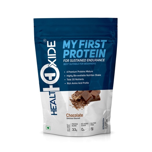 [BRSRM2Q2OUHRMCY4] HealthOxide My First Protein for Beginners 1kg (Chocolate Flavour) | Daily Nutrition Protein Supplement | 9.9g Protein per 30g Scoop | Multi Source Protein Blend (Whey, Soy, Casein & Pea) | 26 Vitamins & Minerals | No Added Sugar | Gluten Free | Trustified Certified 100% Authentic Supplement Powder