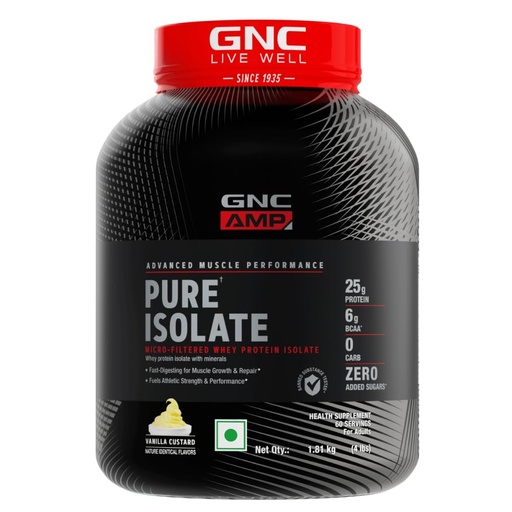 [BRSRMAAHBYBRMETD] GNC AMP Pure Isolate | 4 lbs | Boosts Performance | Increases Strength & Muscles | DigeZyme® For Easy Digestion | Informed Choice Certified | 25g Protein | 6g BCAA | Vanilla Custard