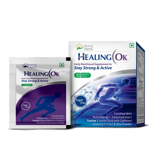 [BRSROCA3DMBGCADK] Healing Pharma - Healing OK Taurine, Ginseng, Zinc, Caffeine & L-Carnitine Powder Sachets, Sugar Free | For Strong Immunity & Overall Health | 5g x Pack of 10