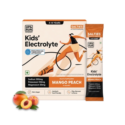 [BRSRGBDRCB7A2CLV] UP&RUN SALTIES | Electrolyte Powder for Active Kids (Ages 4-14) | Pediatrician Approved | Sugar-Free | Mango Peach | 10 Sachets