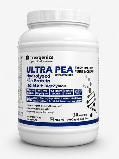 [BRSREEAPDJ7G2DT2] Trexgenics ULTRA PEA Hydrolyzed Pea Protein ISOLATE UNFLAVOURED, 30 Servings, Easy on Gut, Pure & Clean 25gm PROTEIN, 4.5 gm BCAA, 9 gm EAA with DigeZyme Digestive enzyme Complex, Muscle Growth (900 gram)