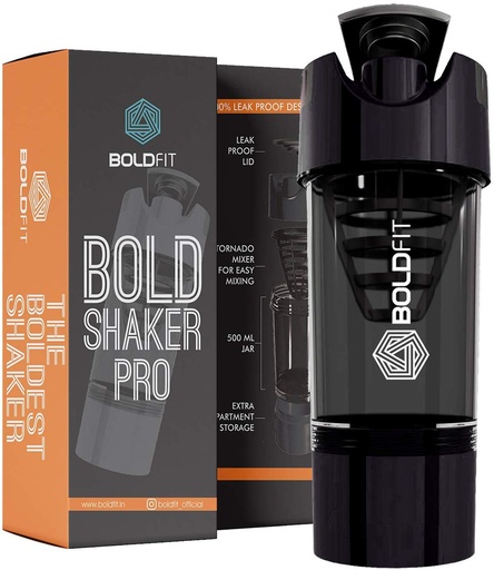 [BRSWGAQ6B56RGHTG] Boldfit Gym Shaker Pro Cyclone Shaker Bottle 500ml with Extra Compartment, Leakproof, Sturdy Ideal for Protein Supplement, Preworkout and BCAAs, BPA Free Sipper Bottle Shaker bottle for Gym