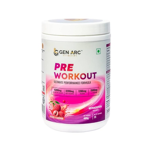 [BRSRGCYFCJ7WM3LZ] GEN ARC Pre Workout Powder Sour Lychee 400g | 25 Servings | High Caffeine Energy Booster with Citrulline Beta Alanine Taurine | Muscle Pump Focus Endurance Gym Supplement India