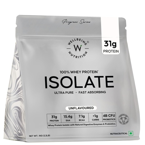 [BRSRAHYHCUBQYFD2] Wellbeing Nutrition Clean Whey Protein Isolate 1kg Unflavoured | 31g Protein, 7.1g BCAA | 4B CFU Probiotics & Natural Digestive Enzymes | Fast Absorbing, No Bloating, Easy to Digest | Faster Muscle Recovery