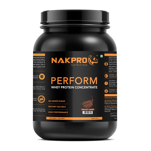 [BRSROBDYO4GR62DF] NAKPRO NUTRITION Perform Whey Protein Concentrate | 1kg Chocolate, Jar | 24g Protein, Trustified Certified
