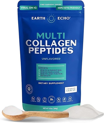 [BRSRAZIODEHW2GQ4] Earth Echo Multi Collagen Peptides, Hydrolyzed Collagen with Vitamin C and Hyaluronic Acid, Supports Radiant Skin, Healthy Joints, Gut Health and Immune Function, Dairy-Free, 26 Servings
