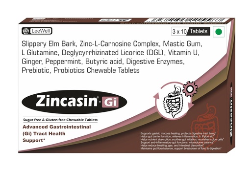 [BRSREEABCMDQOFLO] Zincasin -Gi (LeeWell) Chewable Digestive Enzymes, Probiotics | Leaky Gut, Digestion, Gas Bloating Support | Zinc Carnosine, Mastic Gum, L Glutamine, DGL, Vitamin U, Slippery Elm -30 Tablets