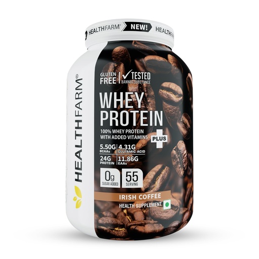 [BRSW2EATBZ6QODTX] HEALTHFARM Whey Protein Plus – Gluten Free Lean Muscle Builder | 24g Protein with Added Vitamins | Irish Coffee Flavour | Post Workout Recovery | 2KG