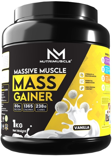 [BRSRABQZDMFW23IY] Nutrimuscle® Massive Muscle Mass Gainer, 1 Kg (Vanilla Flavour) – Whey Protein Blend with Complex Carbohydrates & Creatine Monohydrate for Muscle, Mass & Strength Gain