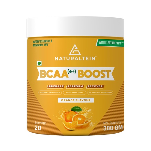 [BRSRMHQBOQDROCTP] Naturaltein BCAA E+ Boost - Vegan BCAAs with Electrolytes, Vitamins & Minerals - 300g Clean Energy Drink - Natural Orange