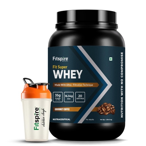 [BRSROAY7AAAREF3G] Fitspire Fit Super Whey Protein Powder with Shaker, Gourmet Coffee Flavour, 1kg - Whey Isolate and Concentrate Blend - 35g Protein per 100g - Digestive Enzymes - Supports Muscle Growth and Recovery - Zero Added Sugar