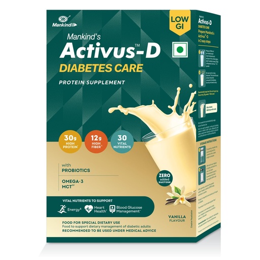 [BRSRYEARCIFBS3LP] Mankind's Activus-D Diabetes Care Protein Supplement | Energy, Heart health, Blood Glucose Management | With Omega-3, MCT and Probiotics | Vanilla flavour | 400g