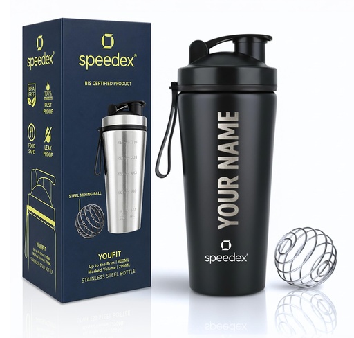 [BRSRGAY5BAJQGA3K] Speedex YouFit Customized Stainless Steel Gym Shaker Bottle 750ml with Mixing Ball, Leakproof Flip Cap, Wide Mouth, Measurement Markings, Personalized Name/Logo Metal Protein Shaker – Black