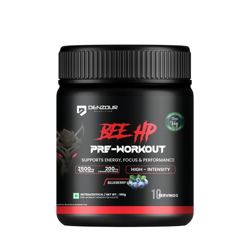 [BRSROCYFC4BAOD33] DENZOUR NUTRITION Bee-HP Pre-Workout Powder, Energy, Strength & Muscle Pump, 200mg Caffeine, 750mg Creatine Monohydrate, 2500mg Beta-Alanine, Blueberry Flavour, 100g, 10 Servings