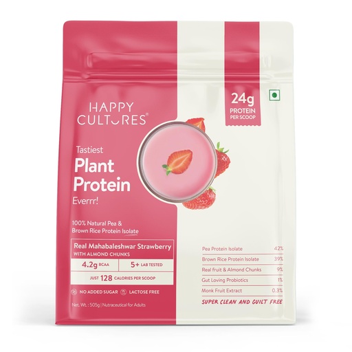 [BRSREYY5CMCR633D] Happy Cultures 24g Tastiest Plant Protein| Mahabaleshwar Strawberry & Almond Chunks| No Added Sugar| Pea & Brown Rice Protein Isolate| Vegan| 20 Complete Amino Acids| Monk Fruit Extract| Women & Men| No Bloating, Easy to Digest| Dairy Free with Probiotics - 505g
