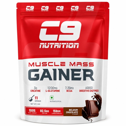[BRSRYZD3B4PGECY7] C9 Nutrition Muscle Mass Gainer | 82.5g Protein | 159g Carbohydrates | 1005 Kcal | 3g Creatine | 1200mg L-Glutamine | 7.39g BCAA | Digestive Enzymes | Belgium Chocolate | 1kg