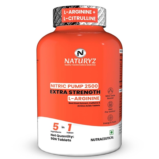 [BRSRAYAZO4FR6ALZ] NATURYZ Nitric Pump 2500 Mg Extra Strength L-Arginine | L Citrulline | Caffeine | Boosts Stamina | Energy | Increases Blood Flow | Improves Performance | Ideal Pre-workout Supplement for Men & Women - 90 Tablets