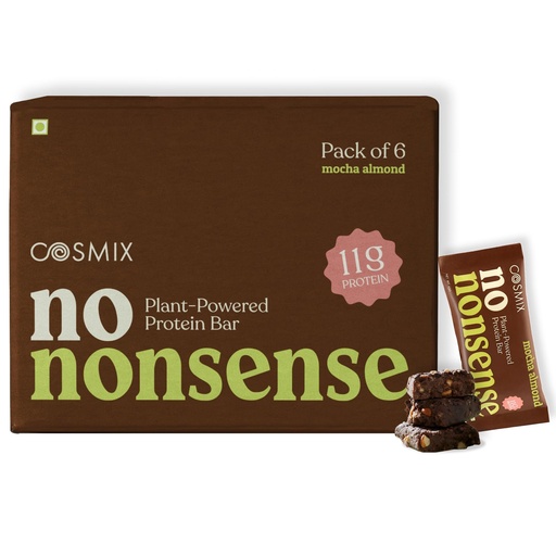[BRSRGYAQOAOR4FY4] Cosmix No-Nonsense Protein Bar | Mocha Almond | 11g Complete Plant Protein + 6g Fibre | No Added Sugar or Preservatives | Gluten & Lactose-Free, Gut-Friendly | 45g Bar | Pack of 6
