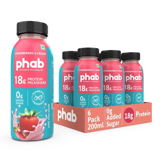 [BRSRGZIQOAPWEALF] Phab Strawberries & Cream Protein Milkshakes 18g Protein,No Added Sugar | Low GI | Gut-Friendly, No Trans Fat | Source of Fibre & Pre-biotics | Healthy & Tasty (Pack of 6x200ml)