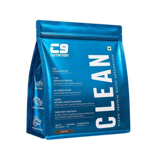 [BRSRYEALOQBRG2Q4] C9 Nutrition Clean Protein Powder | 24g Protein & 11.2g Essential Amino Acids | Zero Added Sugar | Added Digestive Enzymes | Sweetened with Monk Fruit | Coffee Flavour | 907g (25 Servings)