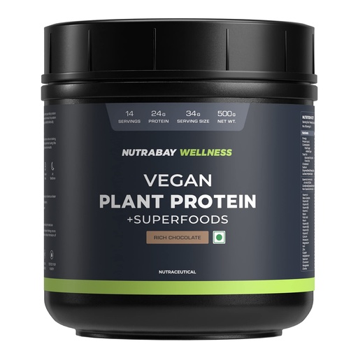 [BRSW2ZI5OIFROCTL] Nutrabay Wellness Vegan Plant Protein Powder + Superfoods 24g Protein per Serving – Complete Amino Acid, Pea & Brown Rice, Sugarfree – 500g, Rich Chocolate | 100% Authentic Clean Protein