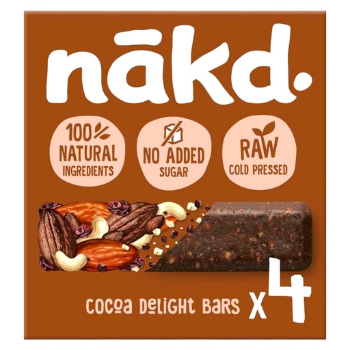 [BRSRAHARBMDRS3QU] Nakd Raw Fruit and Nut Bars, Cocoa Delight Vegan and Gluten Free Snacks, 4 x 35g