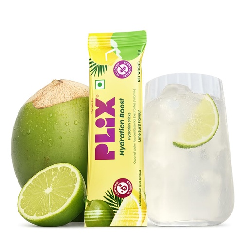 [BRSRYZA6CUCQK3TD] Plix Hydration Boost Electrolyte Powder | Hydration Drink Mix with Coconut Water, Sodium & Potassium | Lime Burst Flavour| Supports Energy, Hydration & Recovery | Pack of 30 | No Added Refined Sugar