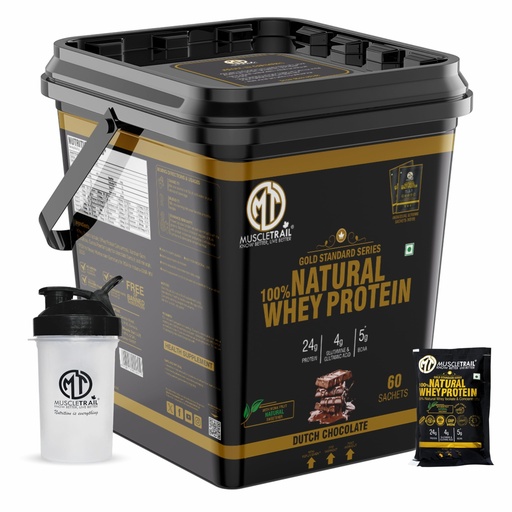 [BRSRECYPCEGROE3O] MuscleTrail Gold Standard Series, 60 Pouches, Low Carb & Fat, 24G Natural Whey Protein Powder, Shaker Inside (1.86Kg, dutch chocolate)